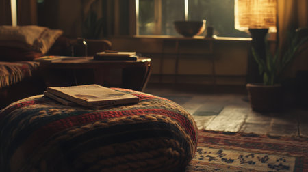 A serene living room scene bathed in warm light, featuring a textured rug, a plush ottoman, and inviting decor elements that enhance relaxation and comfort in the home.の素材