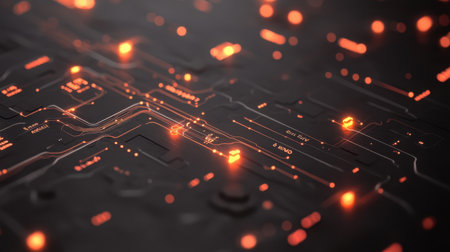 A close-up view of a dark abstract circuit board featuring glowing orange elements, symbolizing advanced technology and digital connectivity in modern computing environments.の素材