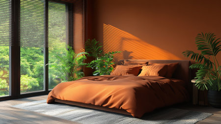 Inviting bedroom with warm orange tones, large windows, and lush greenery, creating a cozy oasis perfect for relaxation and tranquility. Ideal for modern living.の素材