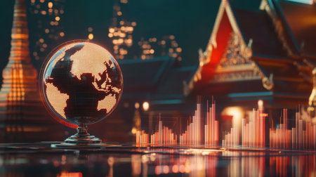 A visually striking digital globe set against a vibrant city background, representing global connectivity and economic trends through innovative financial graphics.の素材
