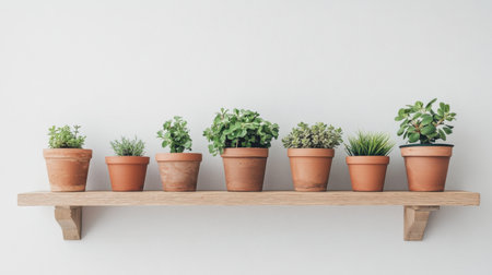 A charming arrangement of potted plants displayed on a wooden shelf, showcasing a variety of greenery that enhances any indoor environment with tranquility and beauty.の素材