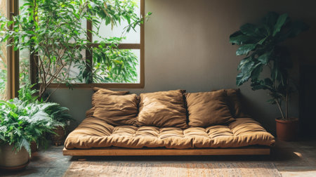 This serene living area showcases a plush brown sofa complemented by lush greenery and abundant natural light, creating a perfect retreat for relaxation and comfort.の素材