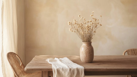 A minimalist interior scene featuring a rustic wooden table adorned with a simple vase of dried flowers, illuminated by warm, soft natural light, creating an inviting and tranquil atmosphere.の素材