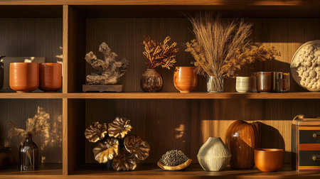 A visually appealing home decor arrangement showcases unique vases, dried flowers, and decorative items on a warm wooden shelf, creating an inviting ambiance.の素材
