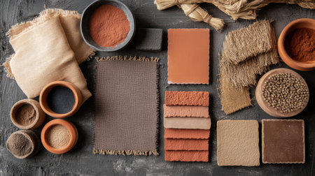 An artistic arrangement of various natural materials showcases unique colors and textures, perfect for inspiring creativity in design, crafts, and artistic projects.の素材