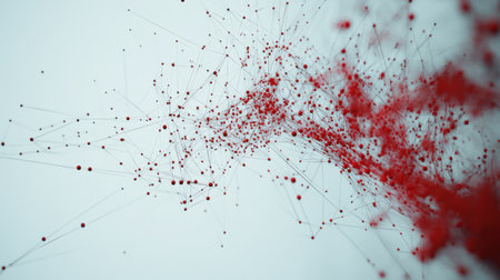 This abstract image illustrates a dynamic formation of red dots and lines, symbolizing connections in digital networks, ideal for tech and design themes.の素材