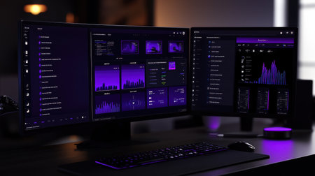 A modern workspace showcases dual monitors with a sleek purple theme, perfect for data analysis or creative endeavors in a stylish setting, illuminated by ambient lighting.の素材