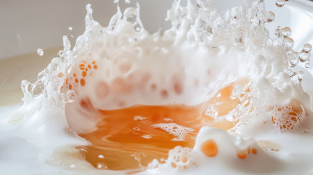 Stunning image of a fresh egg splashing in a bowl, showcasing dynamic droplets and texture, perfect for culinary or cooking themes and food photography projects.の素材