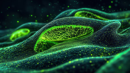 Detailed abstract illustration of glowing green cellular structures in motion, creating a mesmerizing focus on the intricate beauty of biological forms in a dark environment.の素材