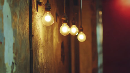 A collection of vintage light bulbs illuminate a dimly lit room, showcasing an exposed brick wall and creating a warm, inviting atmosphere ideal for interior design ideas.の素材
