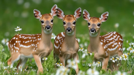 Capture the essence of nature with this charming image of three fawns in a vibrant meadow, embodying the beauty and tranquility of wildlife in their natural habitat.の素材