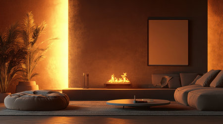 A modern living room featuring warm lighting, minimalist decor, and a stylish fire pit, creating a cozy and inviting atmosphere perfect for relaxation and contemporary living.の素材