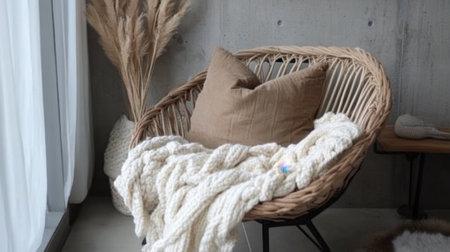 A cozy rattan chair adorned with a soft throw blanket and decorative cushions creates a warm atmosphere in a minimalist living space, inviting comfort and relaxation.の素材