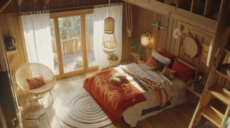 Experience a serene escape in this beautifully designed rustic bedroom. Natural light, warm tones, and cozy decor create a perfect retreat for relaxation and comfort.の素材