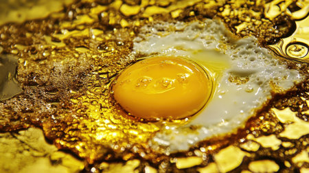 A captivating close-up image of a vibrant egg yolk and white sizzling in hot oil, showcasing the textures and colors that highlight the art of cooking and food preparation.の素材