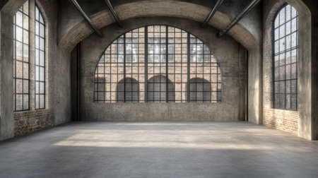This spacious industrial room features large arched windows and rough concrete walls, ideal for artistic showcases or creative events in a minimalist setting.の素材