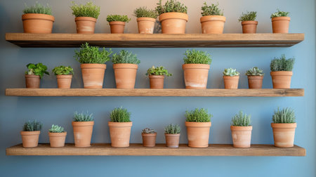 A beautiful arrangement of potted plants in terracotta pots on wooden shelves creates a serene indoor atmosphere, perfect for home or office decor inspiration.の素材