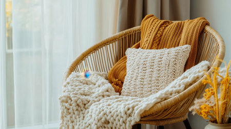 A cozy living room corner featuring a modern rattan chair adorned with warm knitted blankets and decorative pillows, creating an inviting and stylish atmosphere.の素材