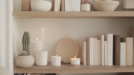 A serene display of minimalist home decor elements, showcasing candles, books, and a cactus. This stylish arrangement enhances the beauty and tranquility of any living space.の素材