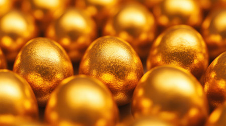This stunning image showcases a multitude of shimmering golden eggs, reflecting light beautifully. Perfect for themes of prosperity, luxury, and opulence in design projects.の素材