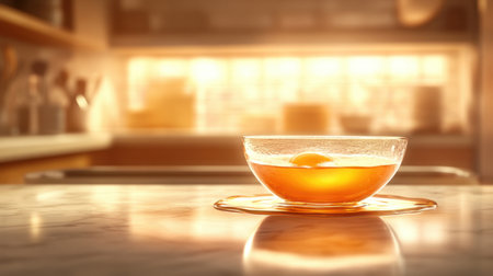 A serene kitchen scene featuring a glass bowl containing golden honey and an egg yolk, illuminated by warm natural light, perfect for culinary or recipe themes.の素材