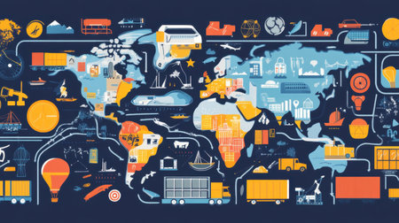A vibrant world map infographic highlighting diverse themes such as transportation, nature, technology, and industry, illustrating a global interconnectedness and exploration spirit.の素材