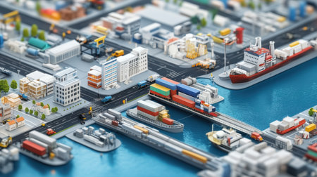 Explore a captivating miniature shipping port scene showcasing bustling activities with cargo ships, cranes, and warehouses along a vibrant waterfront. Perfect for industry themes.の素材