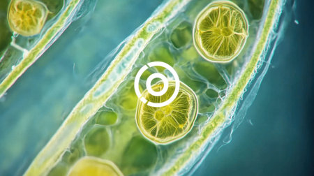 This high-resolution image reveals the detailed structure of algal cells, showcasing vibrant colors and unique formations, perfect for educational or research use in microbiology and environmental science.の素材