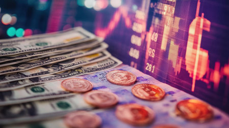 Detailed close-up of dollar bills and coins against a backdrop of financial data, highlighting trends in stock trading and showcasing investment opportunities in the market.の素材