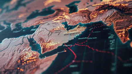 Explore a detailed topographical representation of Europe and the Middle East, highlighting geographic borders and illuminated city locations for educational and travel purposes.の素材