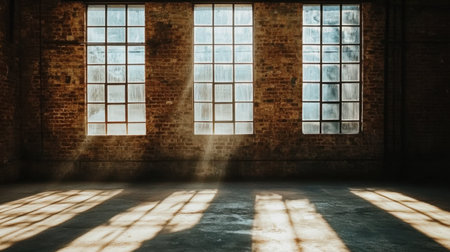 Beautiful sunlight pours through rustic brick windows in an industrial space, casting stunning light patterns on the floor, creating a warm and inviting atmosphere perfect for photography.の素材