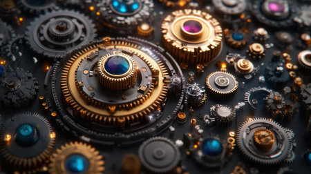 A detailed close-up of interlocking gears and cogs, showcased with vibrant blue and purple gemstones, highlighting a steampunk mechanical design aesthetic.の素材