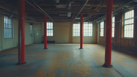 A serene and spacious urban interior featuring red support columns and large windows, capturing the vintage charm of an unused industrial warehouse bathed in warm light.の素材