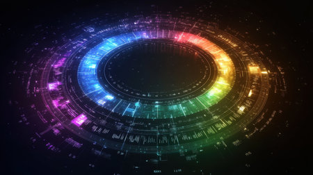 A visually striking abstract digital circle displaying vibrant colors and data visualizations, ideal for tech-related projects or creative backgrounds.の素材