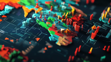 Vivid 3D map representation of the world showcasing diverse geographical regions and urban spaces, perfect for educational, artistic, or creative projects.の素材