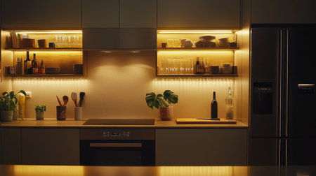 A beautifully designed kitchen showcasing ambient lighting, modern decor, and functional elements, creating an inviting space perfect for culinary creativity and relaxation.の素材