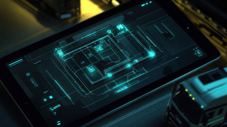 A sleek tablet with a futuristic digital interface glowing in neon blue, showcasing advanced technology. The high-tech setting emphasizes innovation in design and functionality.の素材