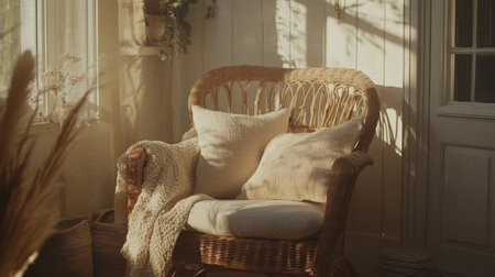 A serene indoor space featuring a cozy wicker chair with soft pillows and a textured blanket, bathed in warm sunlight for a tranquil atmosphere.の素材