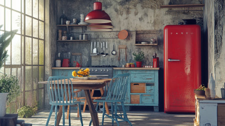 A charming vintage kitchen featuring a bright red refrigerator, rustic decor, and a cozy dining area, perfect for creating a warm and inviting atmosphere in home settings.の素材