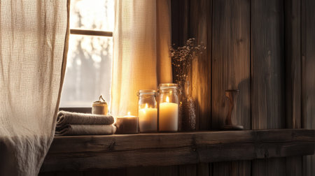 A serene window sill scene bathed in warm light, featuring elegant candles, soft towels, and delicate dried flowers, ideal for promoting a feeling of relaxation and comfort.の素材