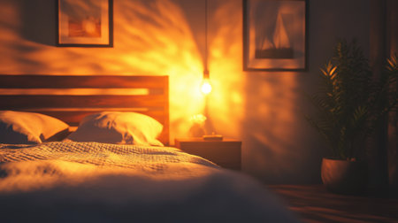 A beautifully arranged bedroom featuring soft textiles and warm lighting, creating a tranquil environment perfect for relaxation and restful sleep.の素材