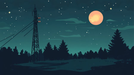 A serene nighttime landscape featuring a communication tower, a glowing full moon, and twinkling stars, surrounded by towering pines and a tranquil rural setting.の素材