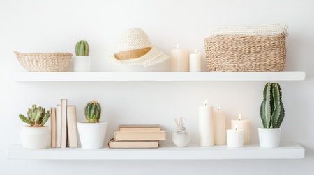 A beautifully arranged shelf showcasing natural elements like plants and candles, perfect for creating a peaceful ambiance and enhancing modern interior aesthetics.の素材