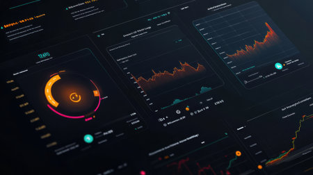 Explore a vibrant financial dashboard featuring colorful graphs and metrics that represent market trends and insights, designed for investors and business analysts.の素材