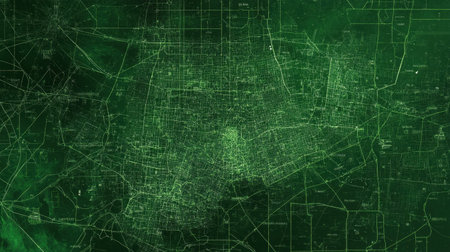 A striking abstract map of an urban area rendered in vibrant green tones, emphasizing the complexity of road networks and digital connectivity in a modern city.の素材