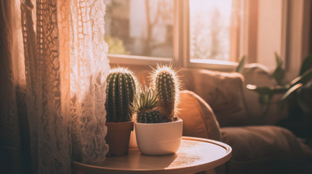 A serene scene of cacti on a wooden table, illuminated by warm sunlight, creating a cozy atmosphere perfect for enhancing home decor with natural beauty and tranquility.の素材