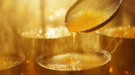 A mesmerizing close-up of golden syrup being strained into containers, capturing the essence of warmth and sweetness in an artisan kitchen setting.の素材