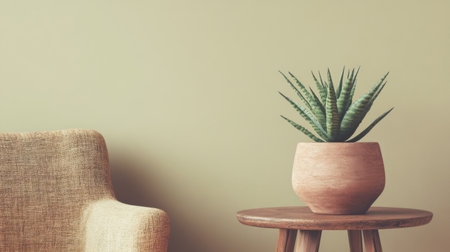 A chic and cozy interior setup showcasing a stylish chair, wooden table, and vibrant green plant in a serene environment, perfect for home decor ideas.の素材
