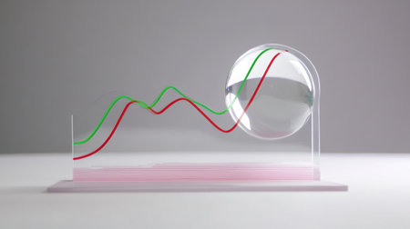 Captivating image of a modern financial graph with a glass sphere, illustrating dynamic data trends in vibrant red and green lines for impactful business presentations.の素材