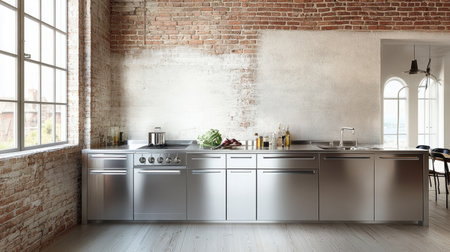 A stylish modern kitchen showcasing stainless steel appliances against an exposed brick wall. Fresh vegetables and culinary ingredients enhance the inviting atmosphere.の素材